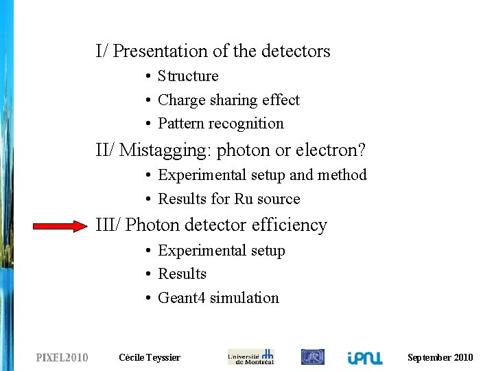 I/ Presentation of the detectors • Structure • Charge sharing effect • Pattern recognition