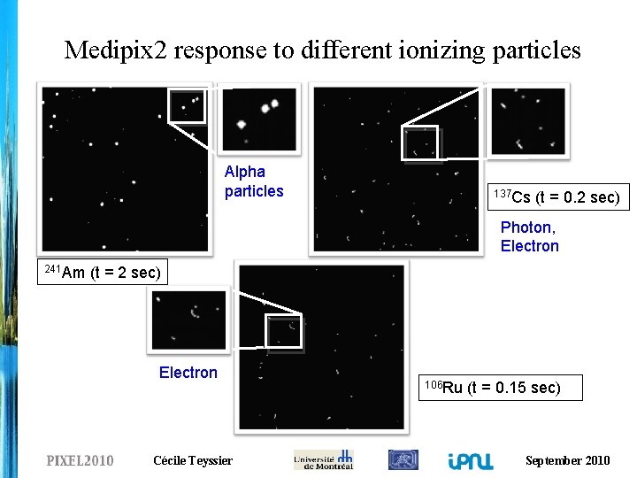 Medipix 2 response to different ionizing particles Alpha particles 137 Cs (t = 0.
