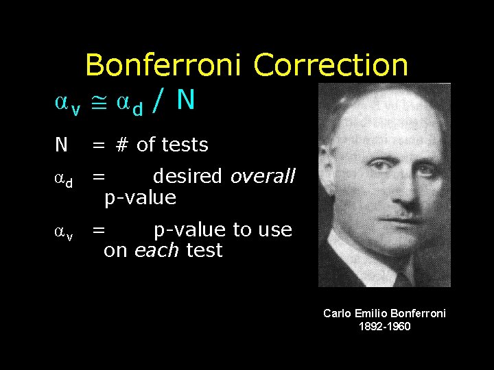Bonferroni Correction αv αd / N N = # of tests αd = desired