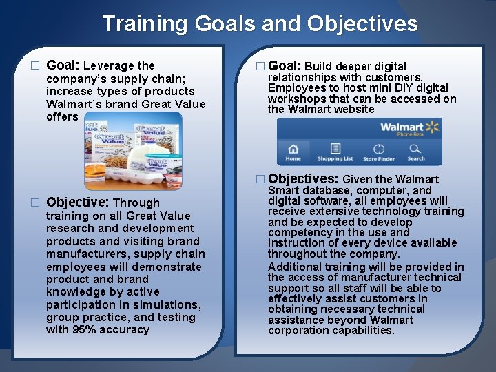 Training Goals and Objectives � Goal: Leverage the company’s supply chain; increase types of