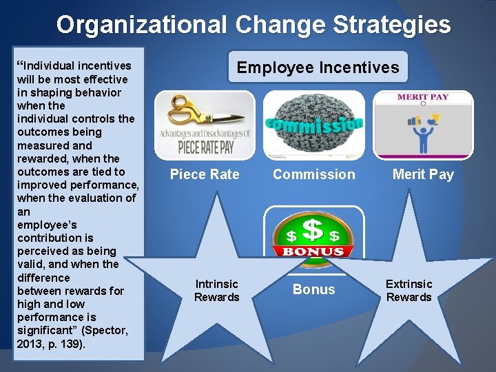 Organizational Change Strategies “Individual incentives will be most effective in shaping behavior when the