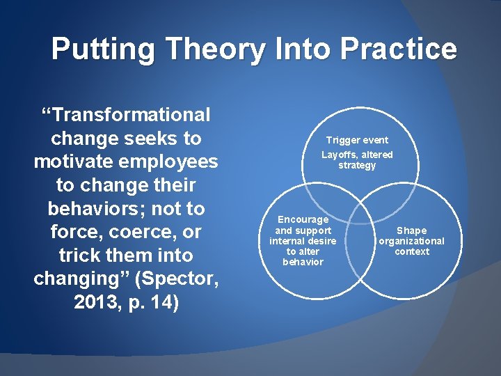 Putting Theory Into Practice “Transformational change seeks to motivate employees to change their behaviors;