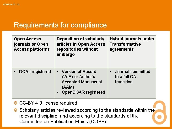 c. OAlition S I 10 Requirements for compliance Open Access journals or Open Access