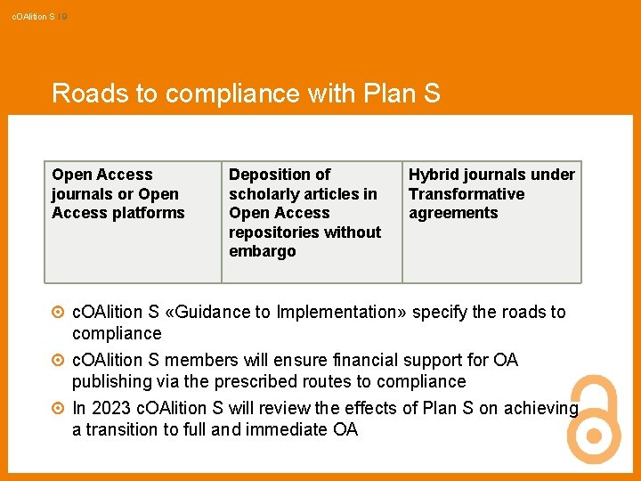 c. OAlition S I 9 Roads to compliance with Plan S Open Access journals