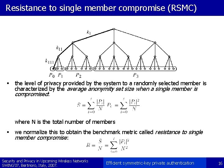 Resistance to single member compromise (RSMC) § the level of privacy provided by the