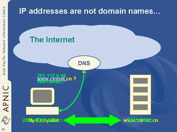 IP addresses are not domain names… The Internet DNS 202. 112. 0. 46 www.