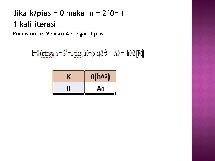 Jika k/pias = 0 maka n = 2^0= 1 1 kali iterasi Rumus untuk