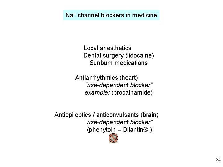 Na+ channel blockers in medicine Local anesthetics Dental surgery (lidocaine) Sunburn medications Antiarrhythmics (heart)