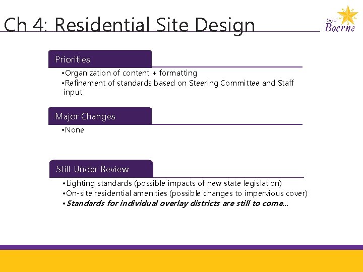 Ch 4: Residential Site Design Priorities • Organization of content + formatting • Refinement