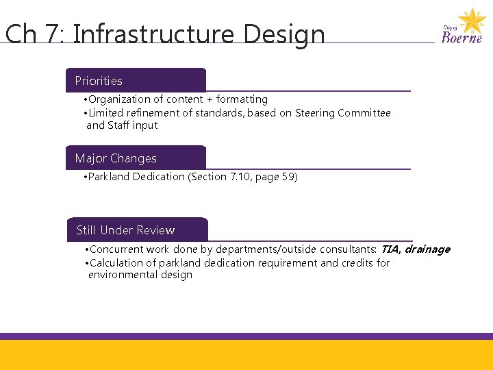 Ch 7: Infrastructure Design Priorities • Organization of content + formatting • Limited refinement