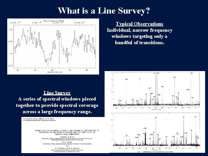 What is a Line Survey? Typical Observations Individual, narrow frequency windows targeting only a