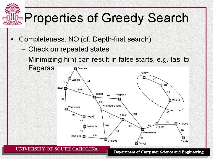 Properties of Greedy Search • Completeness: NO (cf. Depth-first search) – Check on repeated