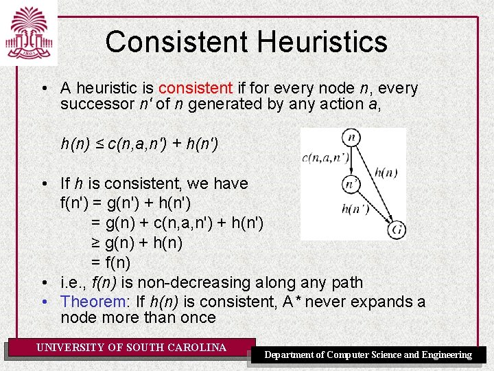 Consistent Heuristics • A heuristic is consistent if for every node n, every successor