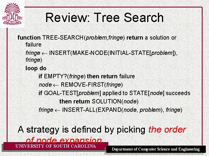 Review: Tree Search function TREE-SEARCH(problem, fringe) return a solution or failure fringe INSERT(MAKE-NODE(INITIAL-STATE[problem]), fringe)