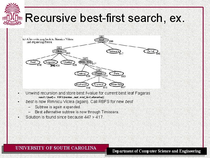 Recursive best-first search, ex. • Unwind recursion and store best f-value for current best