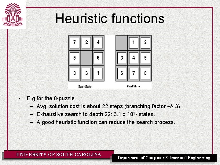 Heuristic functions • E. g for the 8 -puzzle – Avg. solution cost is