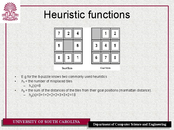 Heuristic functions • • • E. g for the 8 -puzzle knows two commonly