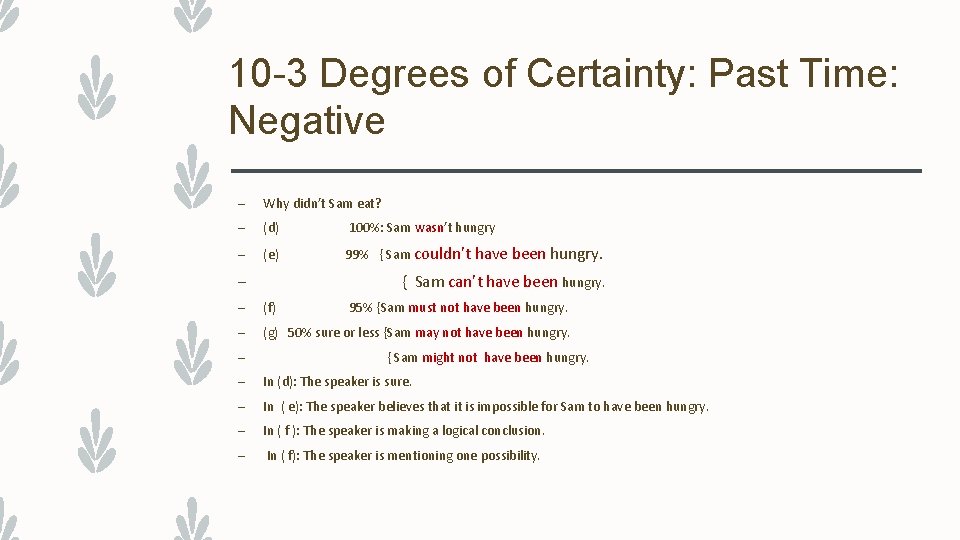 10 -3 Degrees of Certainty: Past Time: Negative – Why didn’t Sam eat? –