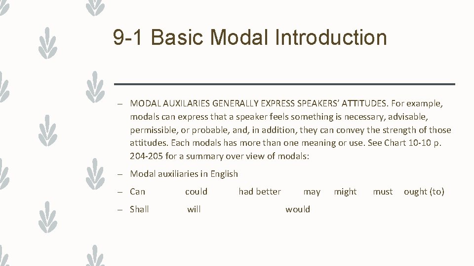 9 -1 Basic Modal Introduction – MODAL AUXILARIES GENERALLY EXPRESS SPEAKERS’ ATTITUDES. For example,