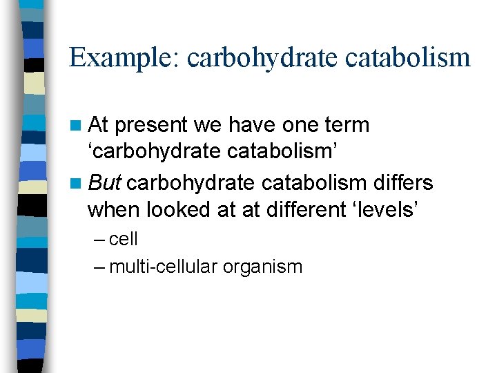Example: carbohydrate catabolism n At present we have one term ‘carbohydrate catabolism’ n But