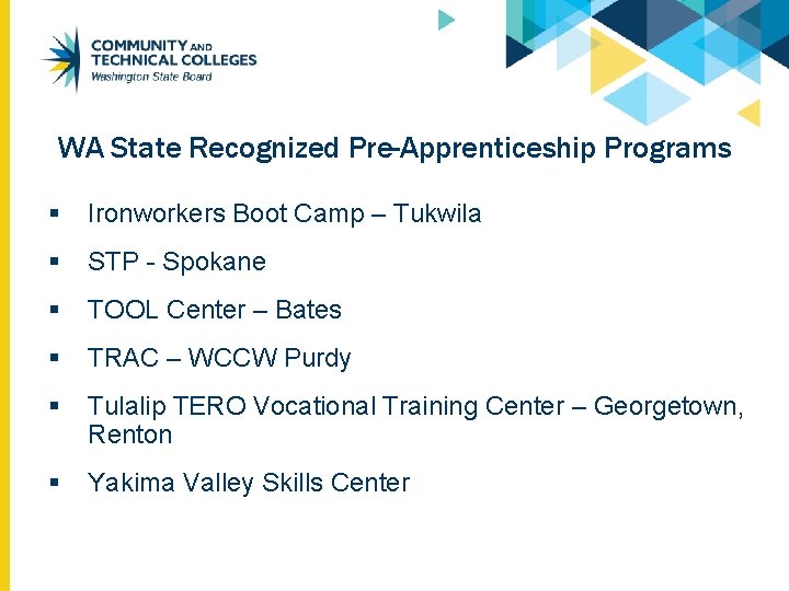WA State Recognized Pre-Apprenticeship Programs § Ironworkers Boot Camp – Tukwila § STP -