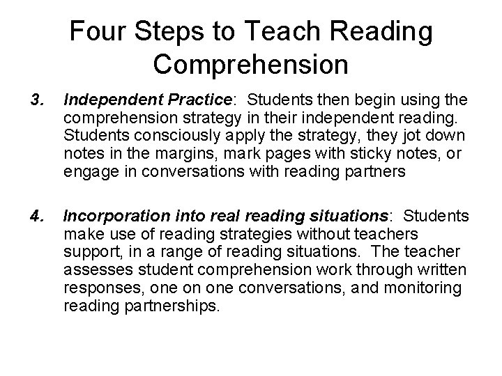 Four Steps to Teach Reading Comprehension 3. Independent Practice: Students then begin using the