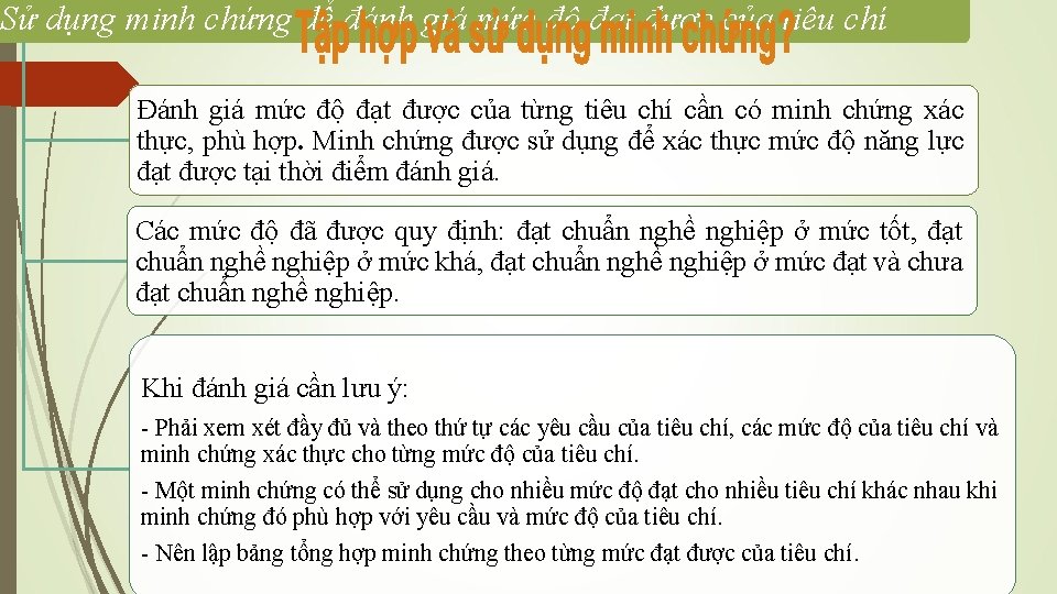 Sử dụng minh chứng để đánh giá mức độ đạt được của tiêu chí