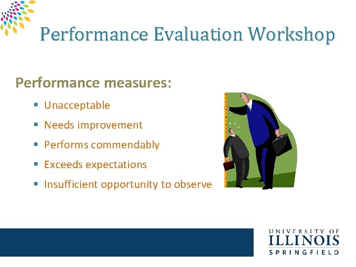 Performance Evaluation Workshop Performance measures: § Unacceptable § Needs improvement § Performs commendably §