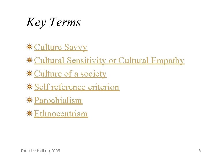 Key Terms Culture Savvy Cultural Sensitivity or Cultural Empathy Culture of a society Self