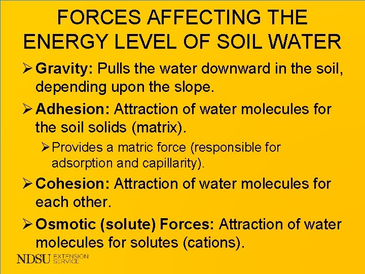 FORCES AFFECTING THE ENERGY LEVEL OF SOIL WATER Ø Gravity: Pulls the water downward