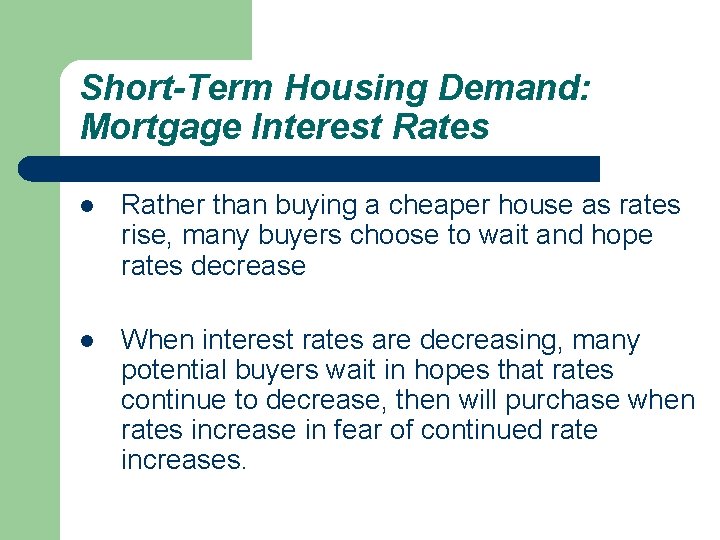 Short-Term Housing Demand: Mortgage Interest Rates l Rather than buying a cheaper house as