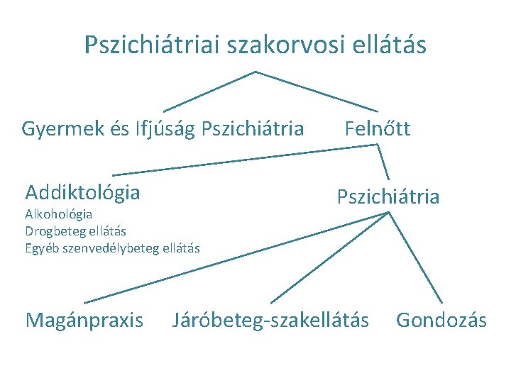 Pszichiátriai szakorvosi ellátás Gyermek és Ifjúság Pszichiátria Addiktológia Alkohológia Drogbeteg ellátás Egyéb szenvedélybeteg ellátás