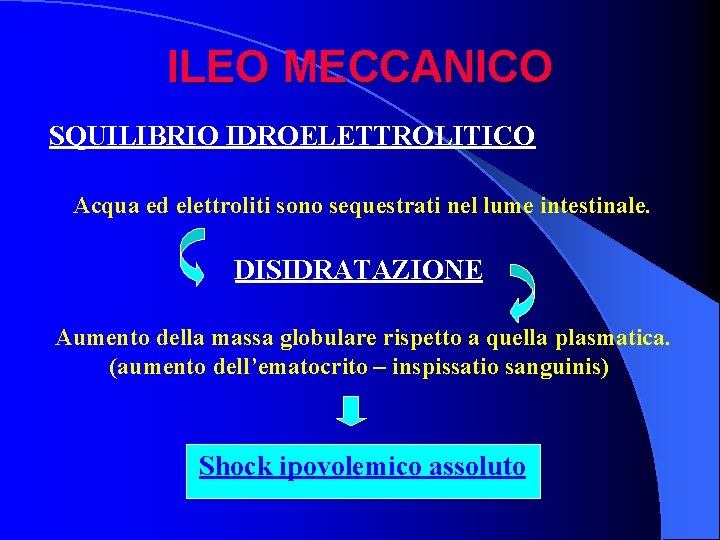 ILEO MECCANICO SQUILIBRIO IDROELETTROLITICO Acqua ed elettroliti sono sequestrati nel lume intestinale. DISIDRATAZIONE Aumento