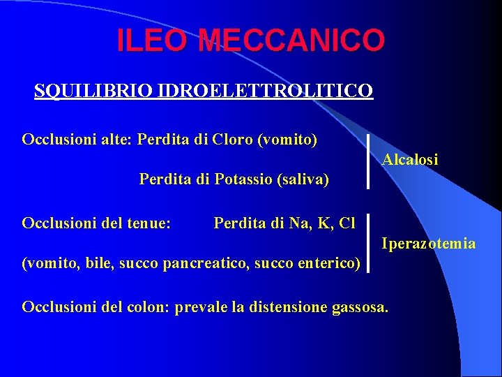 ILEO MECCANICO SQUILIBRIO IDROELETTROLITICO Occlusioni alte: Perdita di Cloro (vomito) Alcalosi Perdita di Potassio