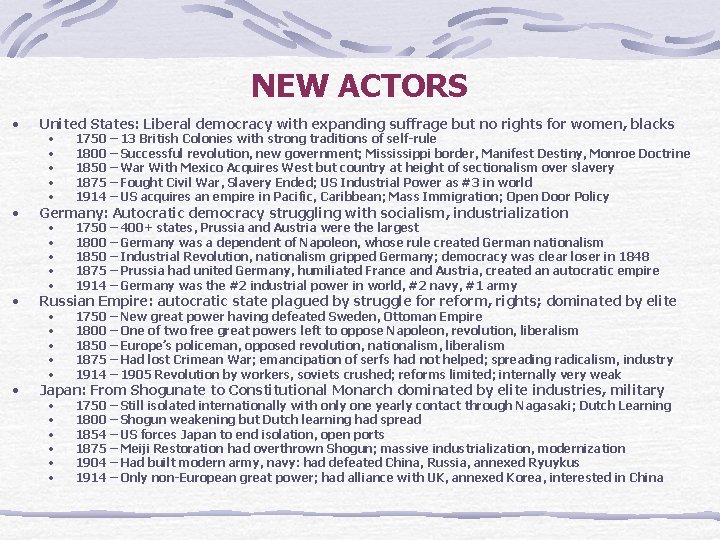 NEW ACTORS • United States: Liberal democracy with expanding suffrage but no rights for