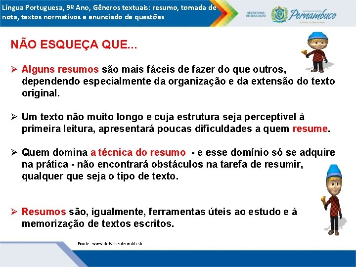 Língua Portuguesa, 9º Ano, Gêneros textuais: resumo, tomada de nota, textos normativos e enunciado