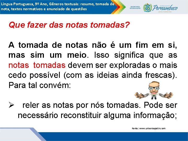 Língua Portuguesa, 9º Ano, Gêneros textuais: resumo, tomada de nota, textos normativos e enunciado