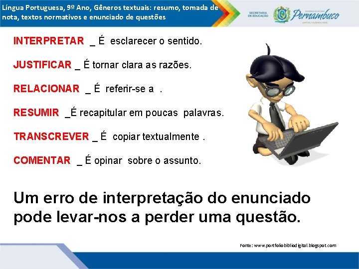 Língua Portuguesa, 9º Ano, Gêneros textuais: resumo, tomada de nota, textos normativos e enunciado