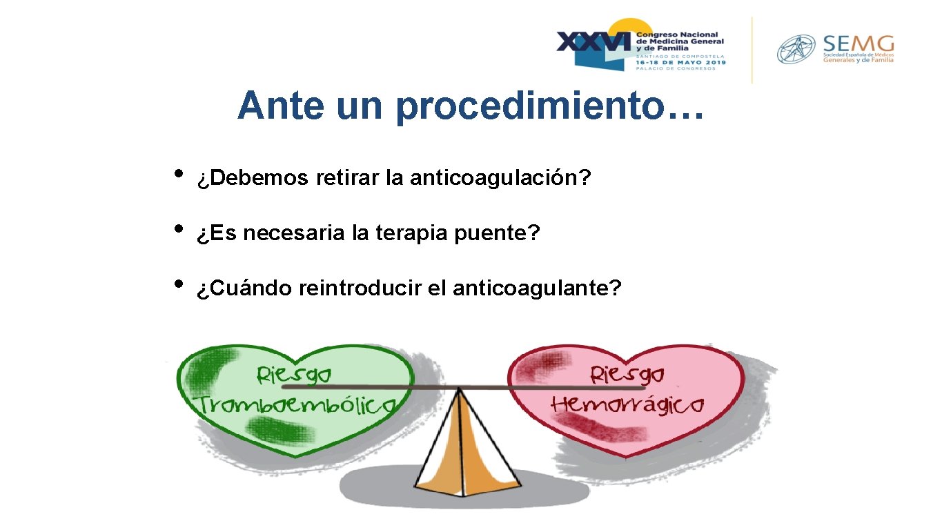 Ante un procedimiento… • ¿Debemos retirar la anticoagulación? • ¿Es necesaria la terapia puente?