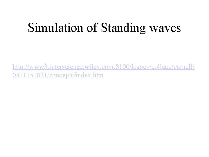 Simulation of Standing waves http: //www 3. interscience. wiley. com: 8100/legacy/college/cutnell/ 0471151831/concepts/index. htm 