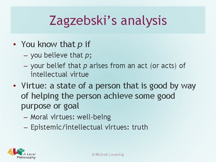 Zagzebski’s analysis • You know that p if – you believe that p; –