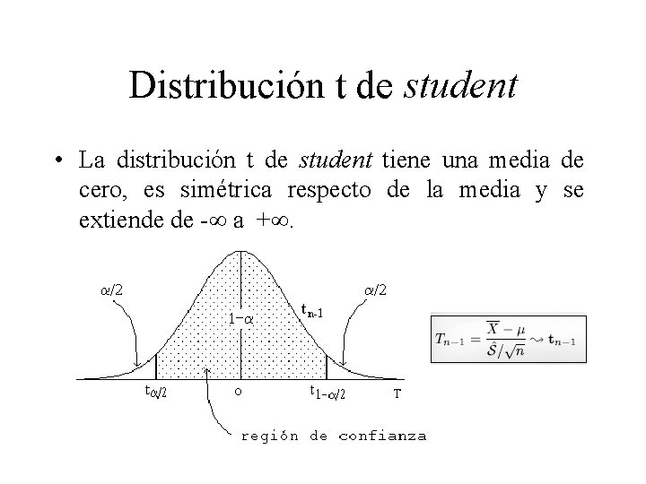 Distribución t de student • La distribución t de student tiene una media de