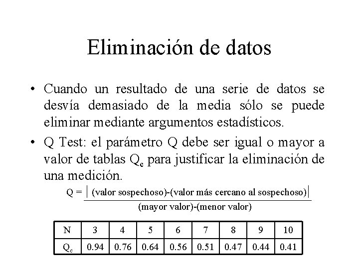 Eliminación de datos • Cuando un resultado de una serie de datos se desvía