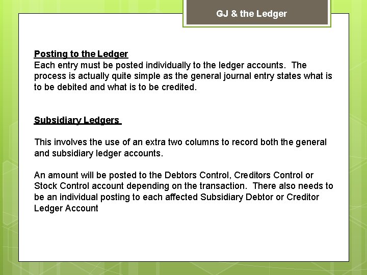 GJ & the Ledger Posting to the Ledger Each entry must be posted individually