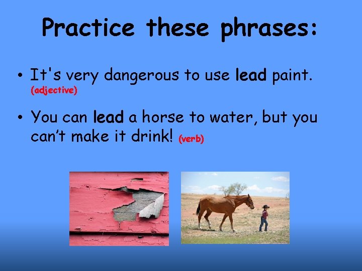 Practice these phrases: • It's very dangerous to use lead paint. (adjective) • You