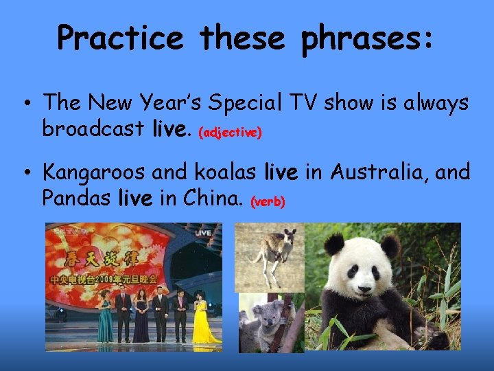 Practice these phrases: • The New Year’s Special TV show is always broadcast live.