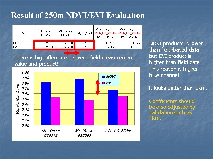 Result of 250 m NDVI/EVI Evaluation There is big difference between field measurement value Result of 250 m NDVI/EVI Evaluation There is big difference between field measurement value
