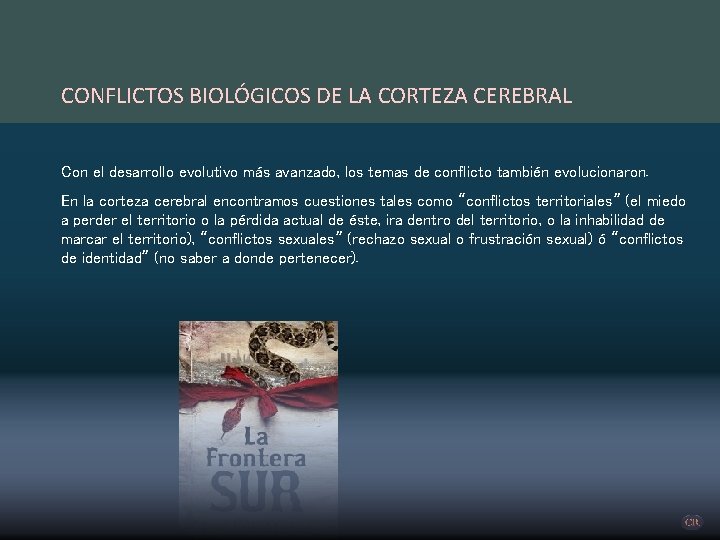 CONFLICTOS BIOLÓGICOS DE LA CORTEZA CEREBRAL Con el desarrollo evolutivo más avanzado, los temas