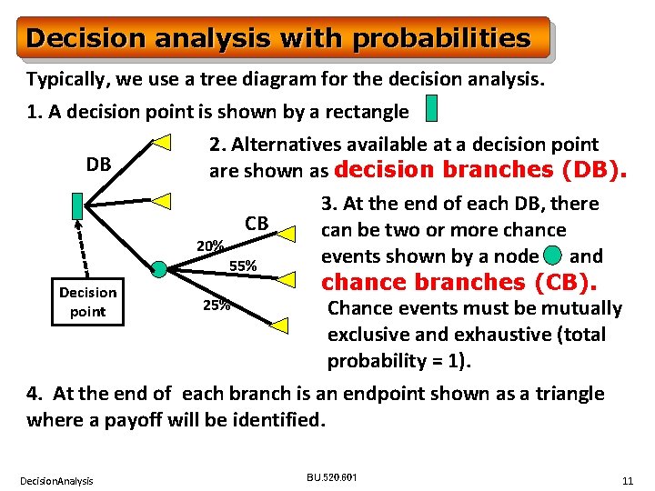 Decision analysis with probabilities Typically, we use a tree diagram for the decision analysis.