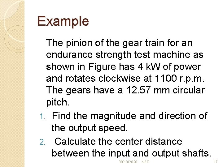 Example The pinion of the gear train for an endurance strength test machine as